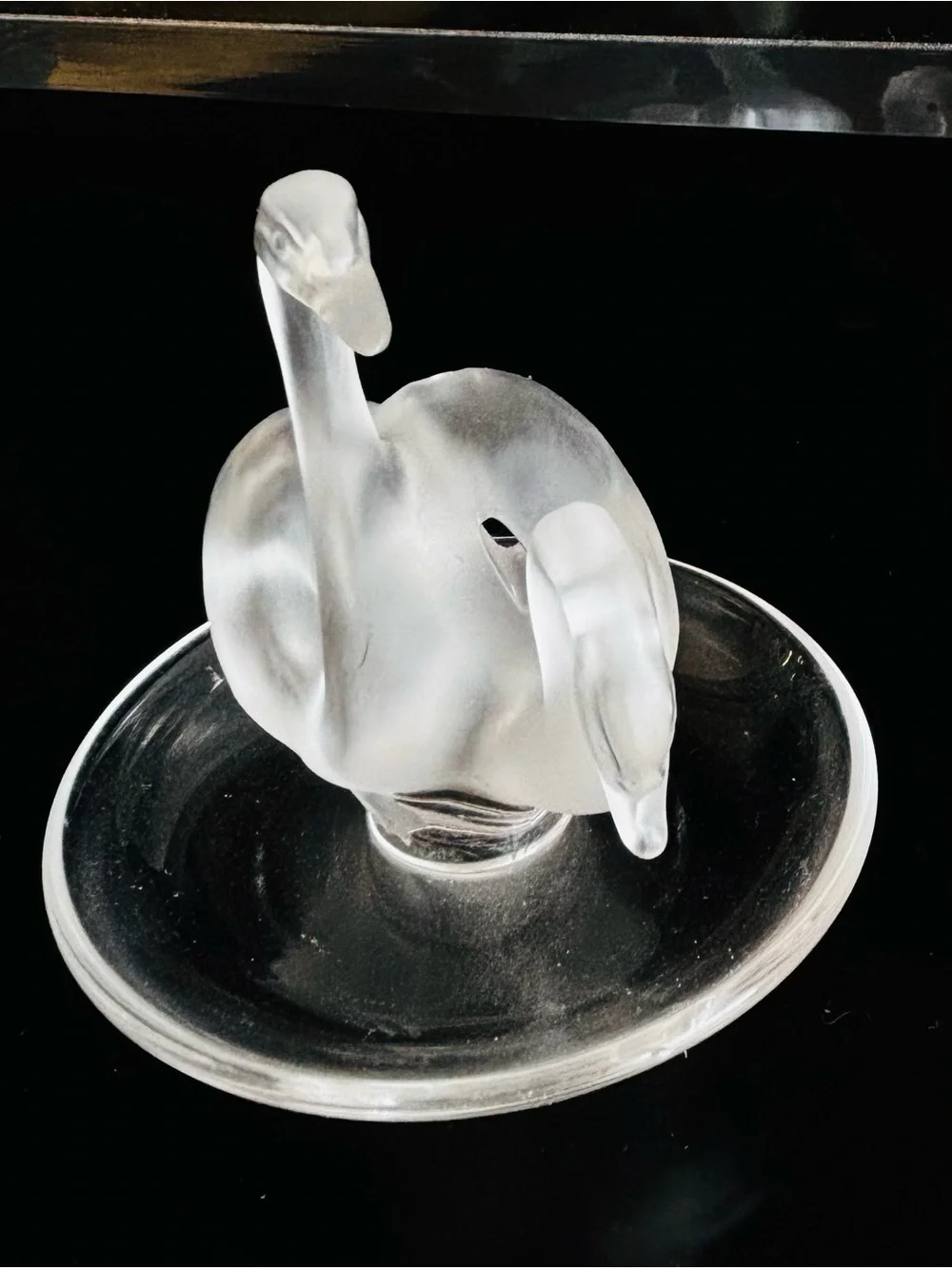 Signed Lalique Frosted Crystal Swan Pair Accent